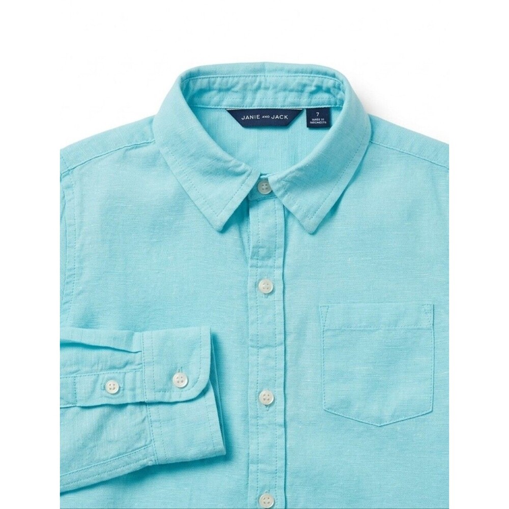 Janie And Jack Aqua Blue Kids Boys Linen Cotton Easter Button Down Shirt Size 7